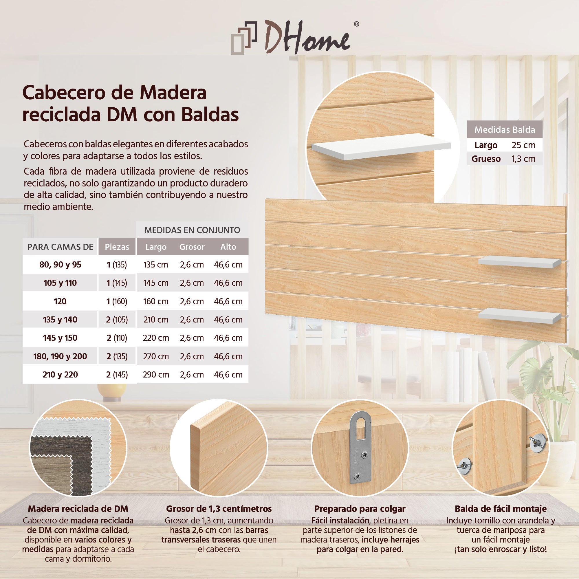 DHOME Testiera con ripiani in legno riciclato DM Parete sospesa Stile Pallet Letto Orizzontale (Legno Naturale/Bianco, 160 cm) - 2