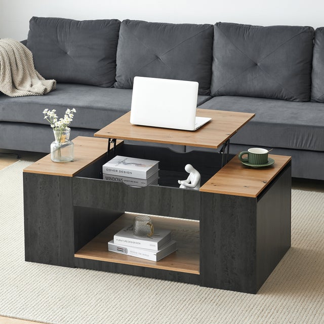 Table basse relevable avec compartiment - 109.5 x 59.7 x 43/57.4 cm - MDF - Gris et brun imitation bois