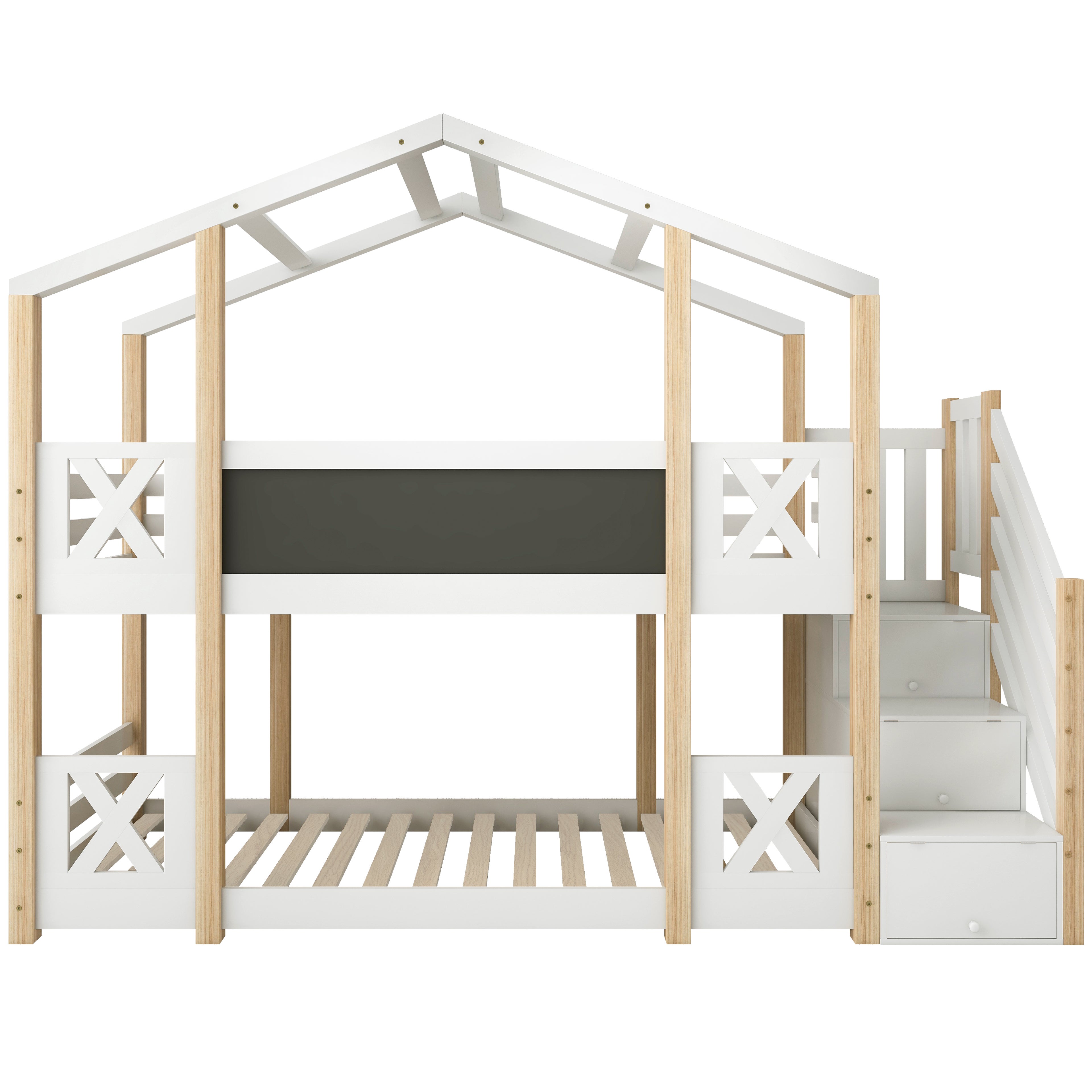 Łóżko piętrowe domek z litego drewna sosnowego z barierkami przeciwupadkowymi + drabinka do przechowywania + tablica czarna - 90x200cm - Naturalny - 7