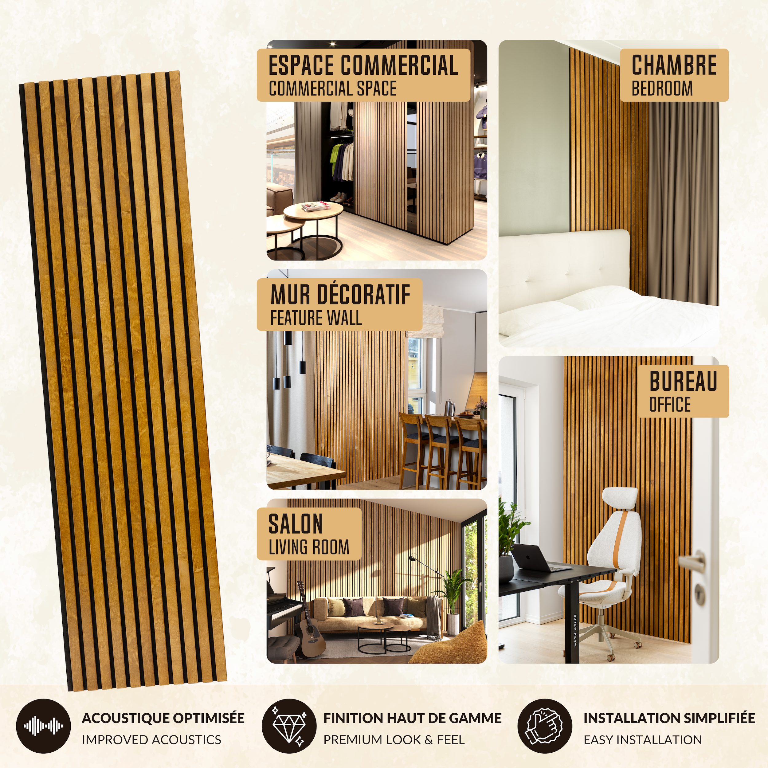 Panneau Tasseau Acoustique en Bois - Bois de Bouleau Massif - 2400x600mm - Lattes 40mm, Support en Feutre Noir - 3