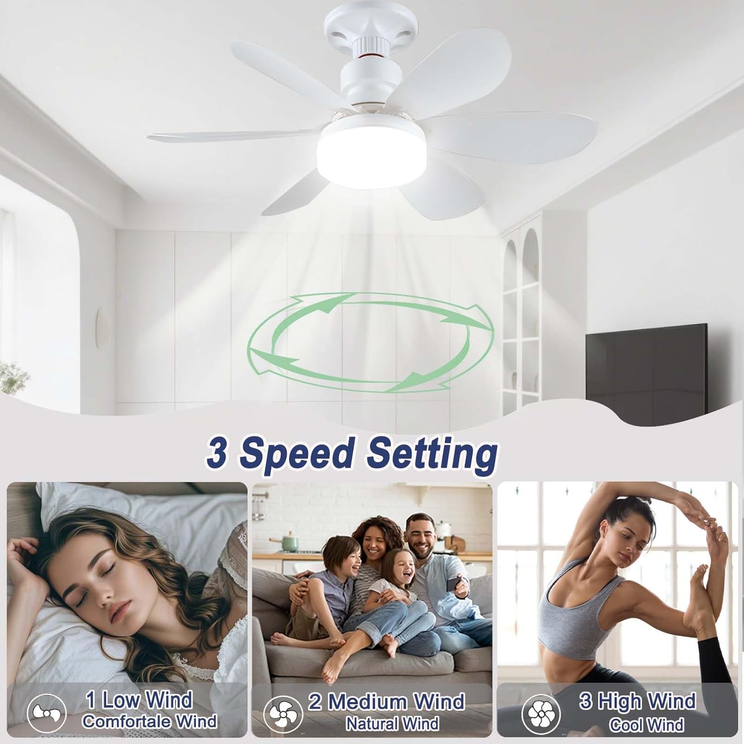 Ventilateur De Plafond Lumiere Avec Telecommande Silencieux Plafonnier Ventilateur De Plafond Port E27 Dimmable Ventilateur Lumineux,52CM,blanc - 2