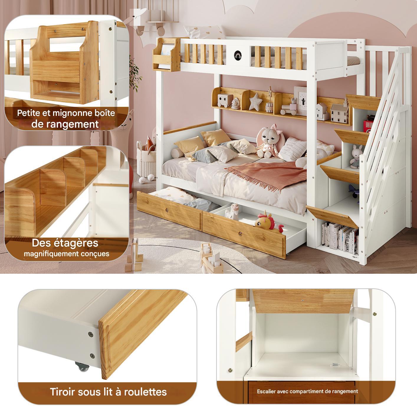 Lit Superposé Enfant 90X200 cm avec Escalier Rangements, Lit D'enfant avec garde-corps, 2 Tiroirs + ÉtagèRes Ouvertes - Pin + MDF- Blanc + Naturel - 3