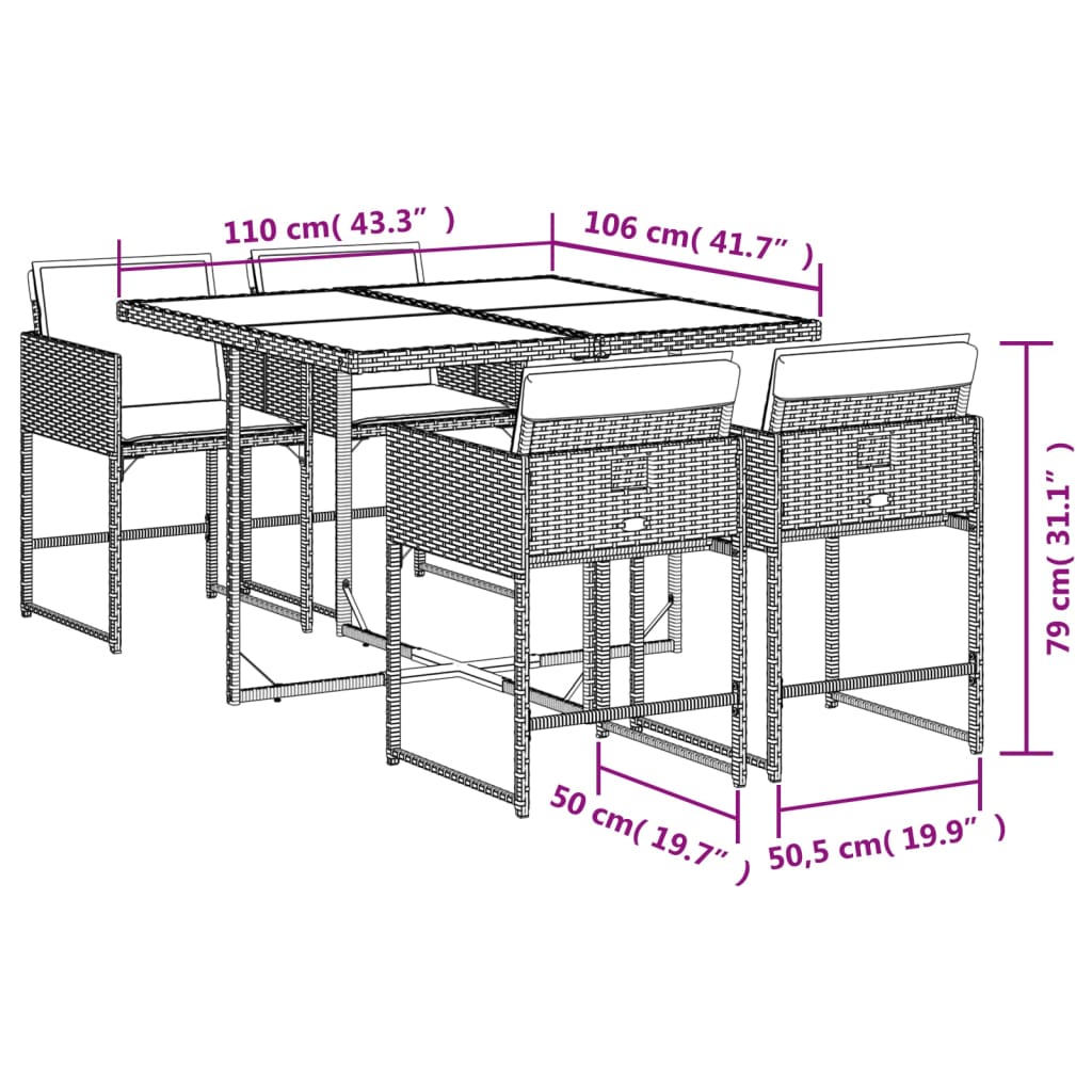 Set de muebles jardín 5 piezas con cojines ratán sintético negro - 9