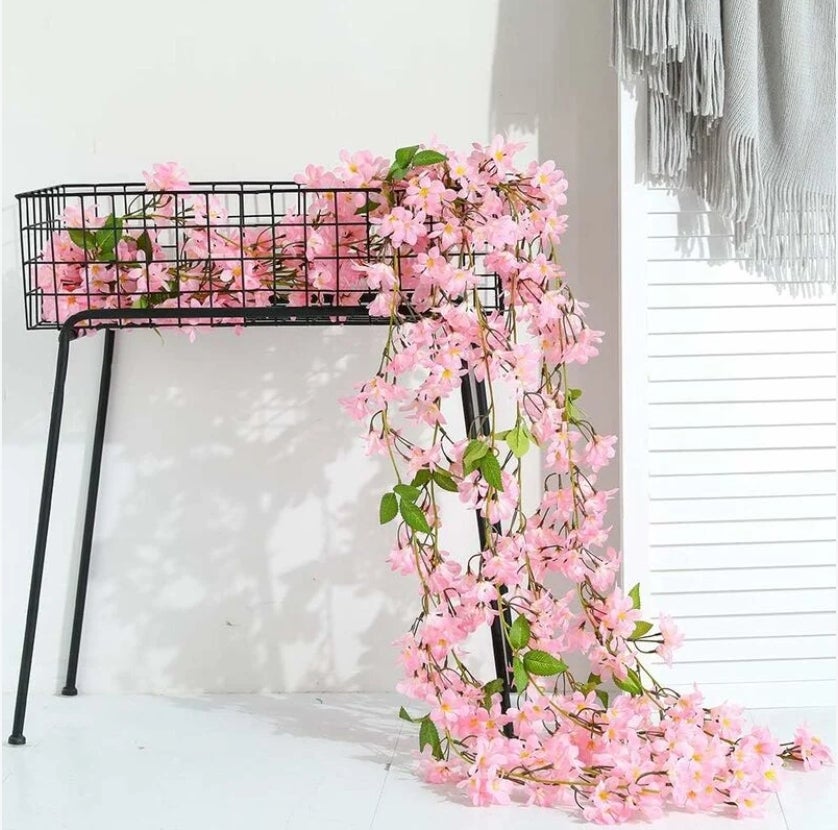 2 Pcs 5.6FT Artificielle Sakura Fleurs Guirlande Faux Oriental Guirlande De Cerisier Maison Jardin Fête De Mariage Décor (Rose) - 2