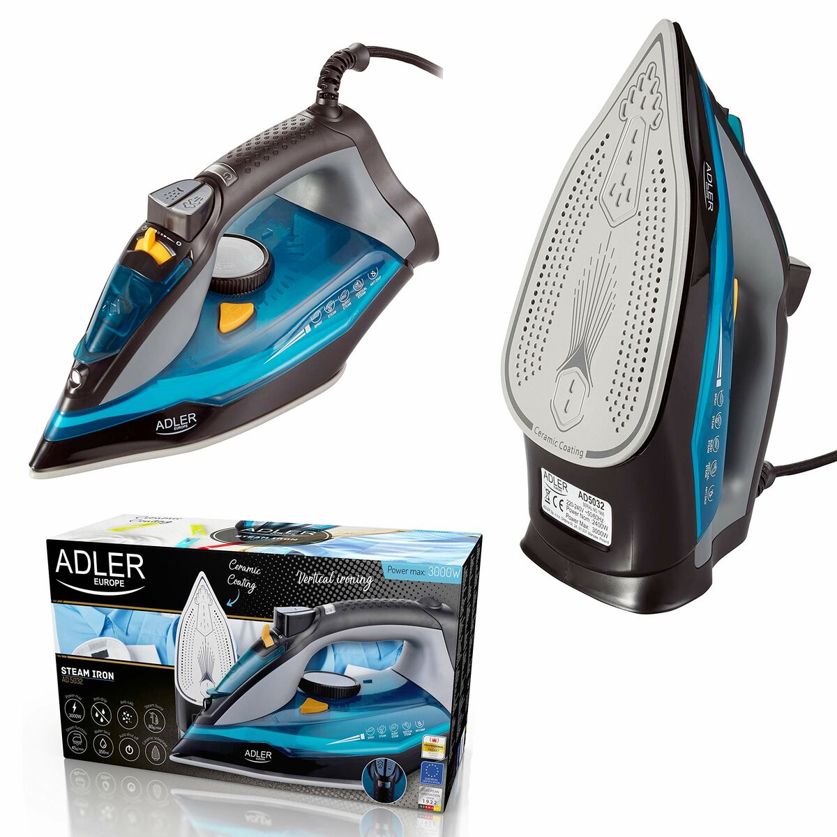 Żelazko Adler 3000 W para i ceramiczna stopa niebieskie