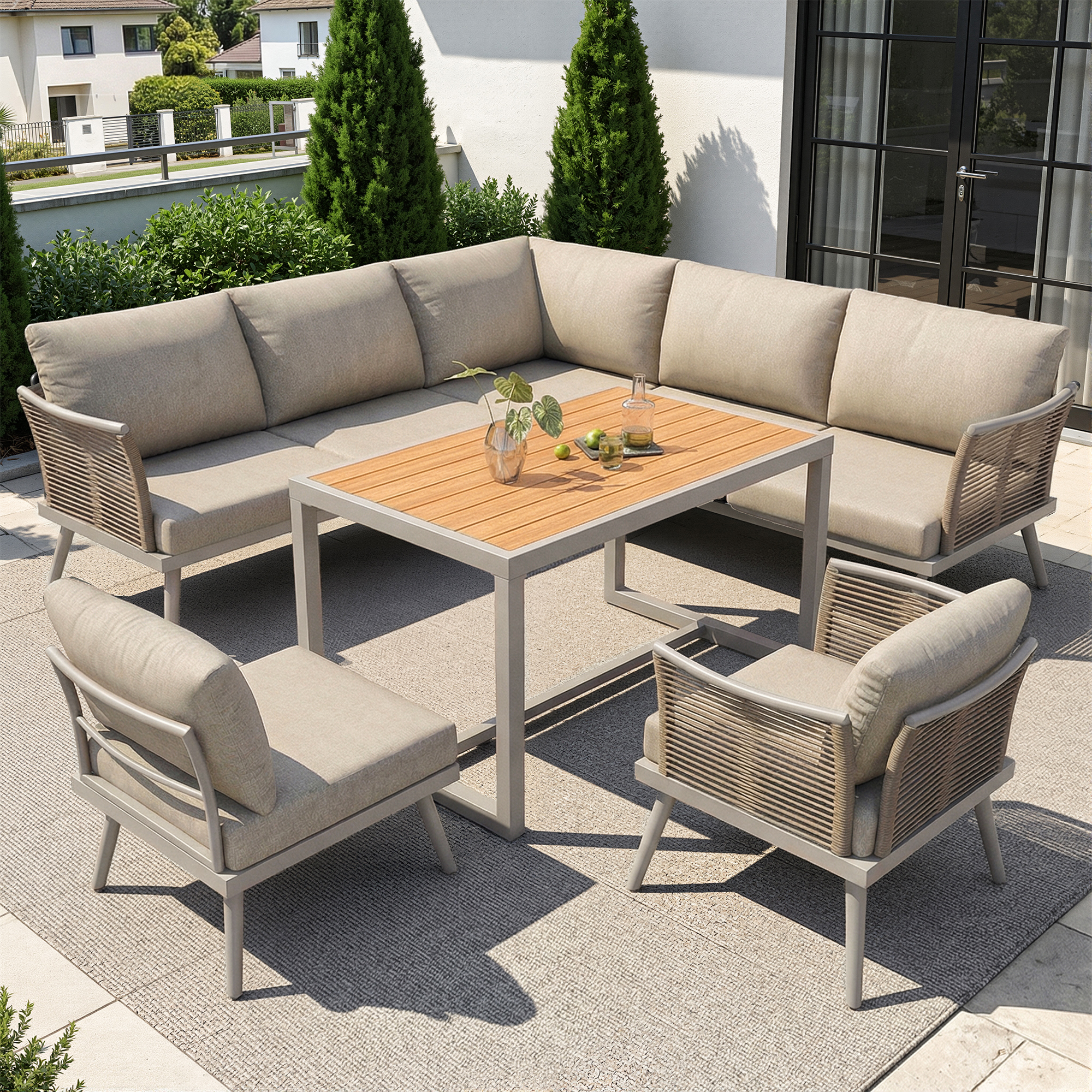 Salon de jardin modulable en fer 7 places : 1 canapé d'angle 5 places + 2 fauteuils + table basse - Beige - 2