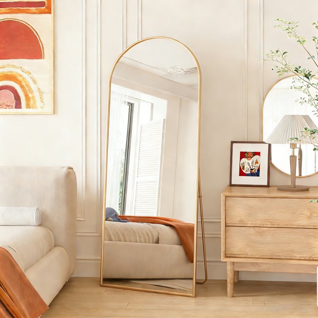 Miroir pleine longueur 165 x 60 cm, Miroir arc métal doré Arche, miroir de sol avec cadre en aluminium, miroir sur pied HD Anti-Déformation, Doré