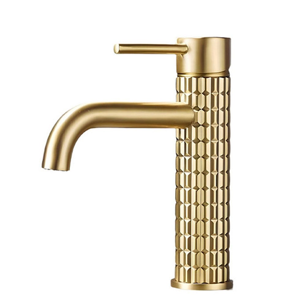 Złoty kran do zlewu, bateria łazienkowa z ciepłą i zimną wodą, mosiężny kran blatowy, krótki kran w kolorze złotego szczotkowanego
