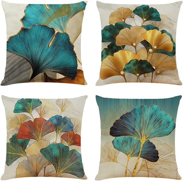 Housse de Coussin Imprimé 45x45 Turquoise et Or Taies d'oreiller en Lin Coussins de Canapé Décoratifs Lot de 4 Ginkgo Dorées Housses de Coussin