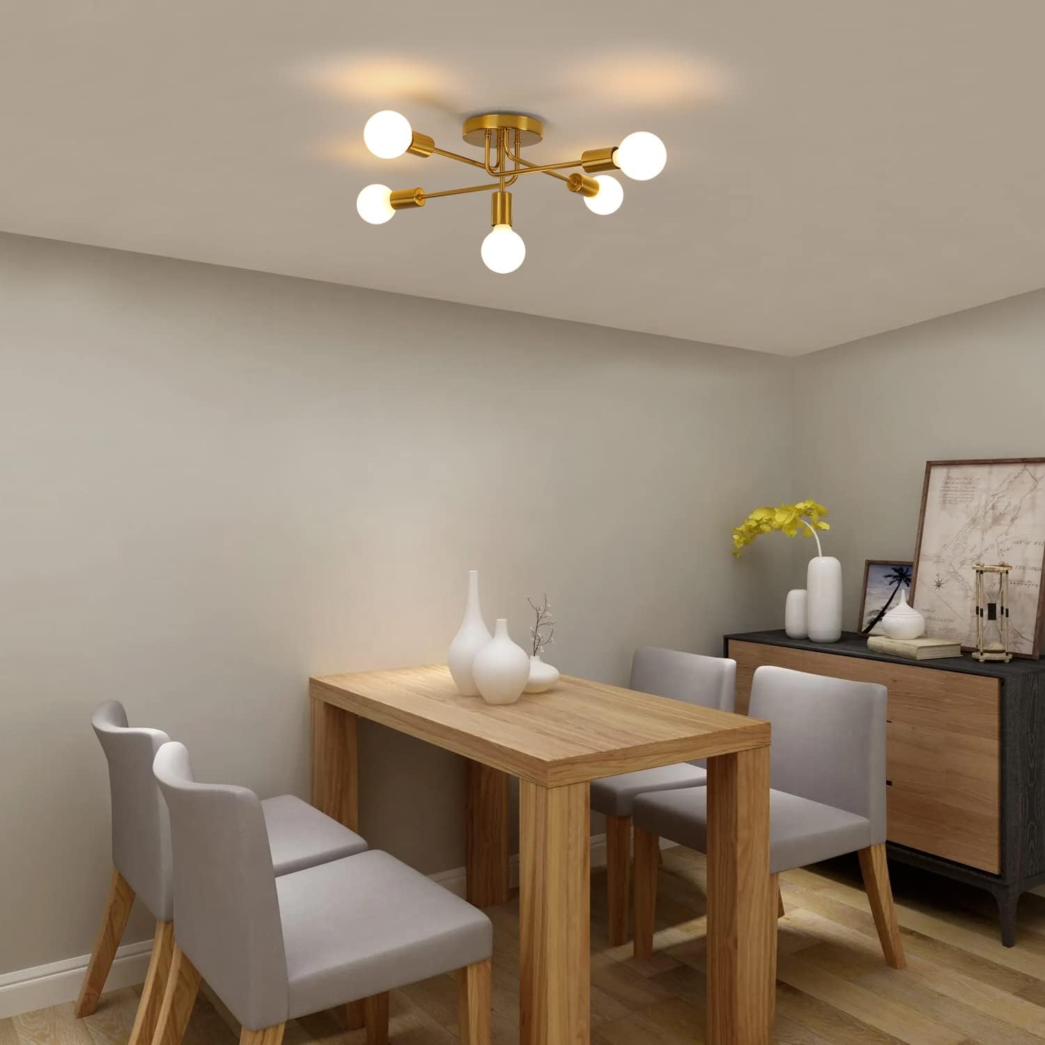 COMELY Plafoniera industriale,Lampadario vintage a 5 luci,Lampada a sospensione in metallo, plafoniera con attacco E27 per soggiorno (senza lampadine) - 2