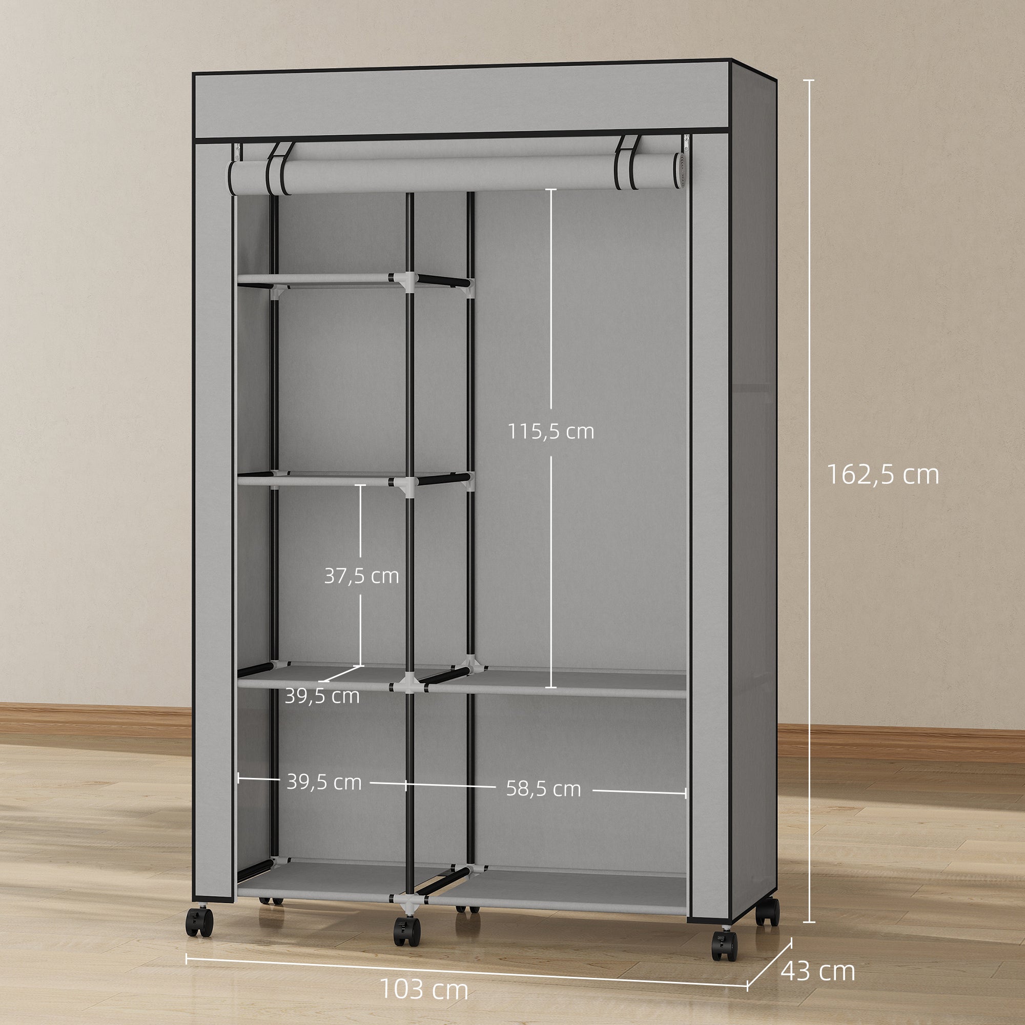 Armoire penderie en tissu meuble de rangement 6 roulettes tringle à vêtements et étagères ouvertes 103x43x162,5cm gris - 5