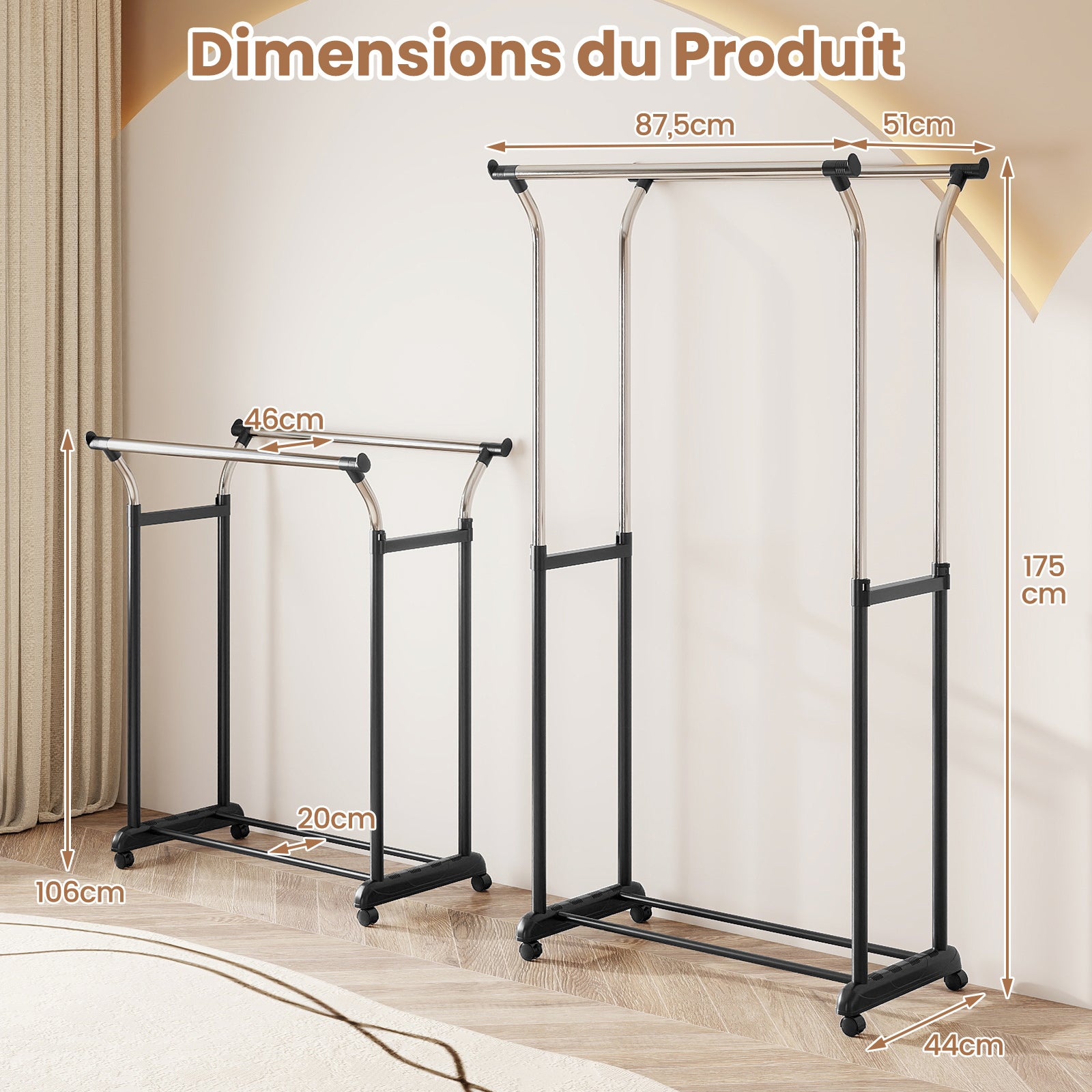 Appendiabiti in metallo resistente, con ripiani e ruote, per camera da letto e boutique, design moderno (oro, 100 x 40 x 165 cm