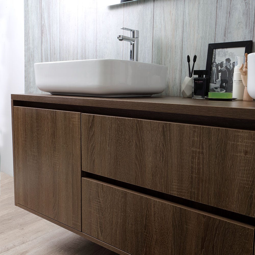 Meuble de salle de bain suspendu en noyer foncé avec double lavabo d'appui et miroir | Siena - 6