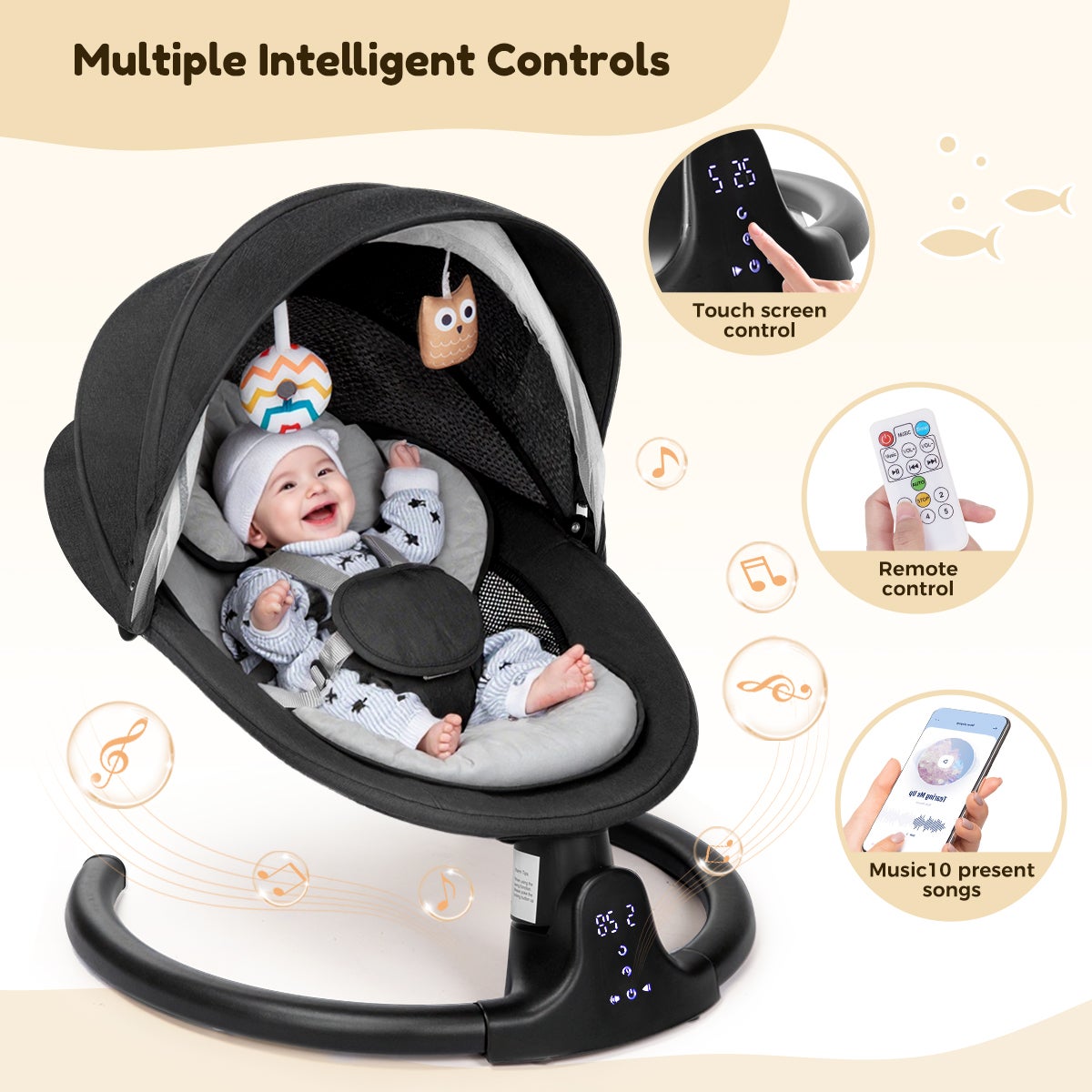 Cadeira de baloiço elétrica para bebé com música Bluetooth, 5 velocidades de baloiço, almofada removível, mosquiteiro e comando - Preto - 4