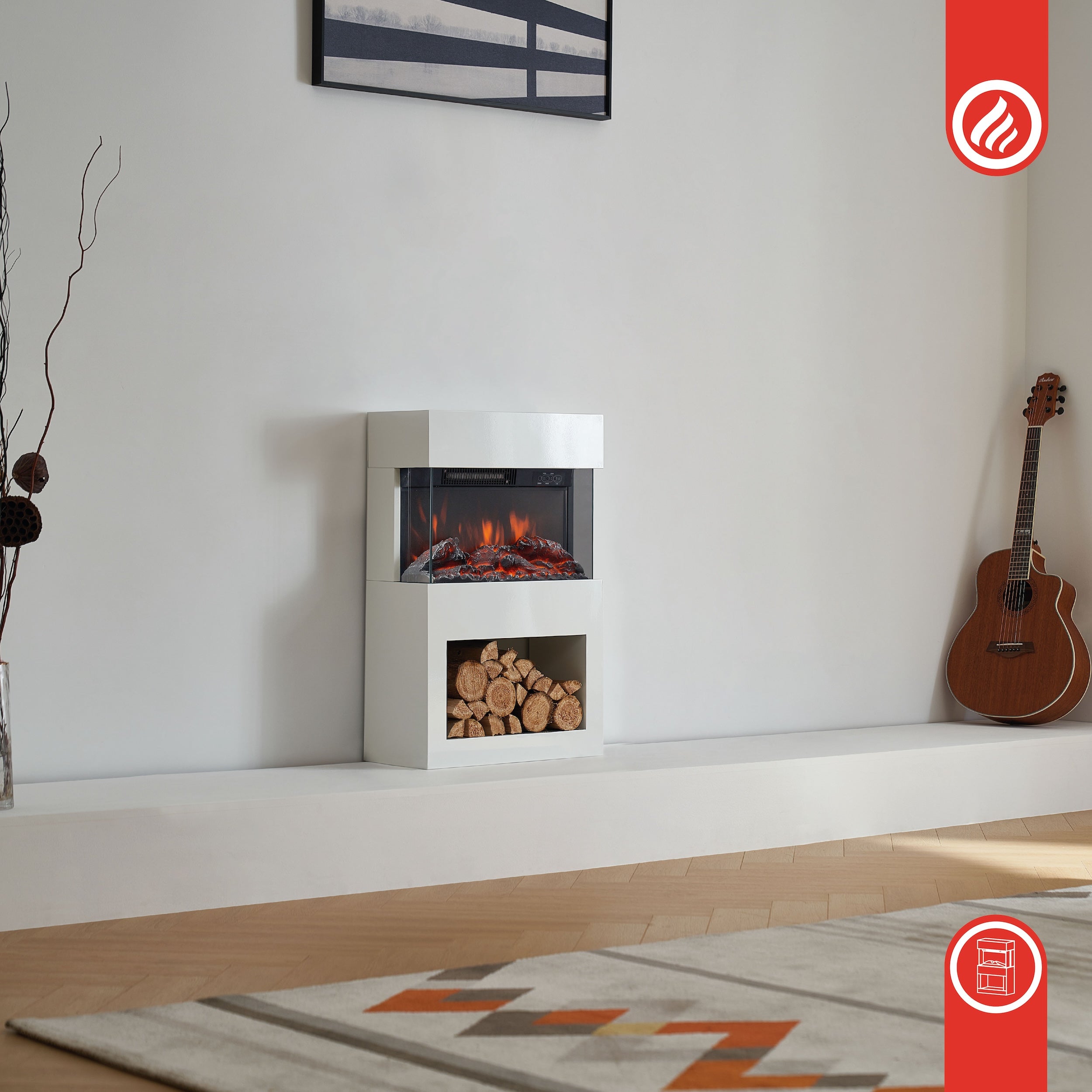 KAMINIO Cheminée Électrique HENRI - Poêle Électrique avec Chauffage, Effet de flamme 3D, Compartiment à bois, Télécommande - Blanc - 2