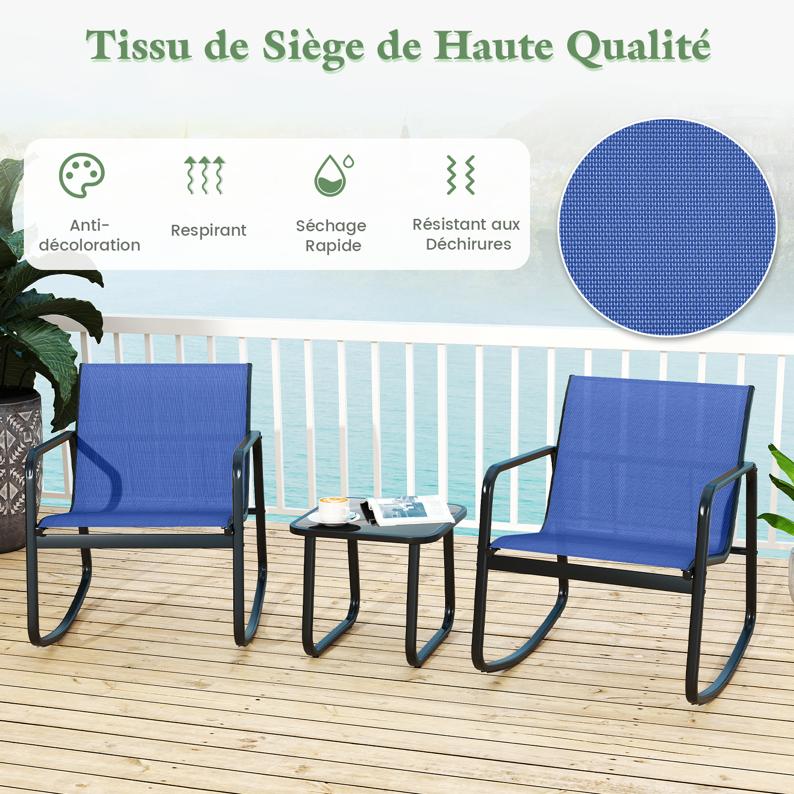 Mesa y Sillas Terraza, 2 Mecedoras de Bistró y 1 Mesa Baja con Tapa de Vidrio, Tela Textilene, Conjunto Jardin Terraza Exterior Balcon, Juego - 4