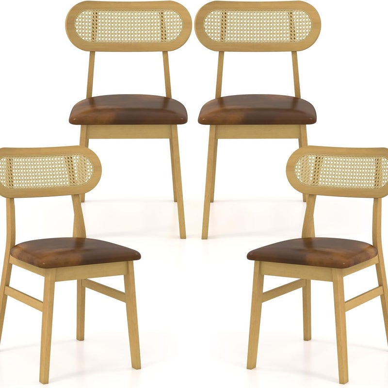 Zestaw 2 Krzeseł do Jadalni, Krzesło z Wikliną Rattanową i Tapicerowanym Siedziskiem, Drewniane z Zakrzywionym Oparciem, Siedzisko 47 cm (2, Brązowe)