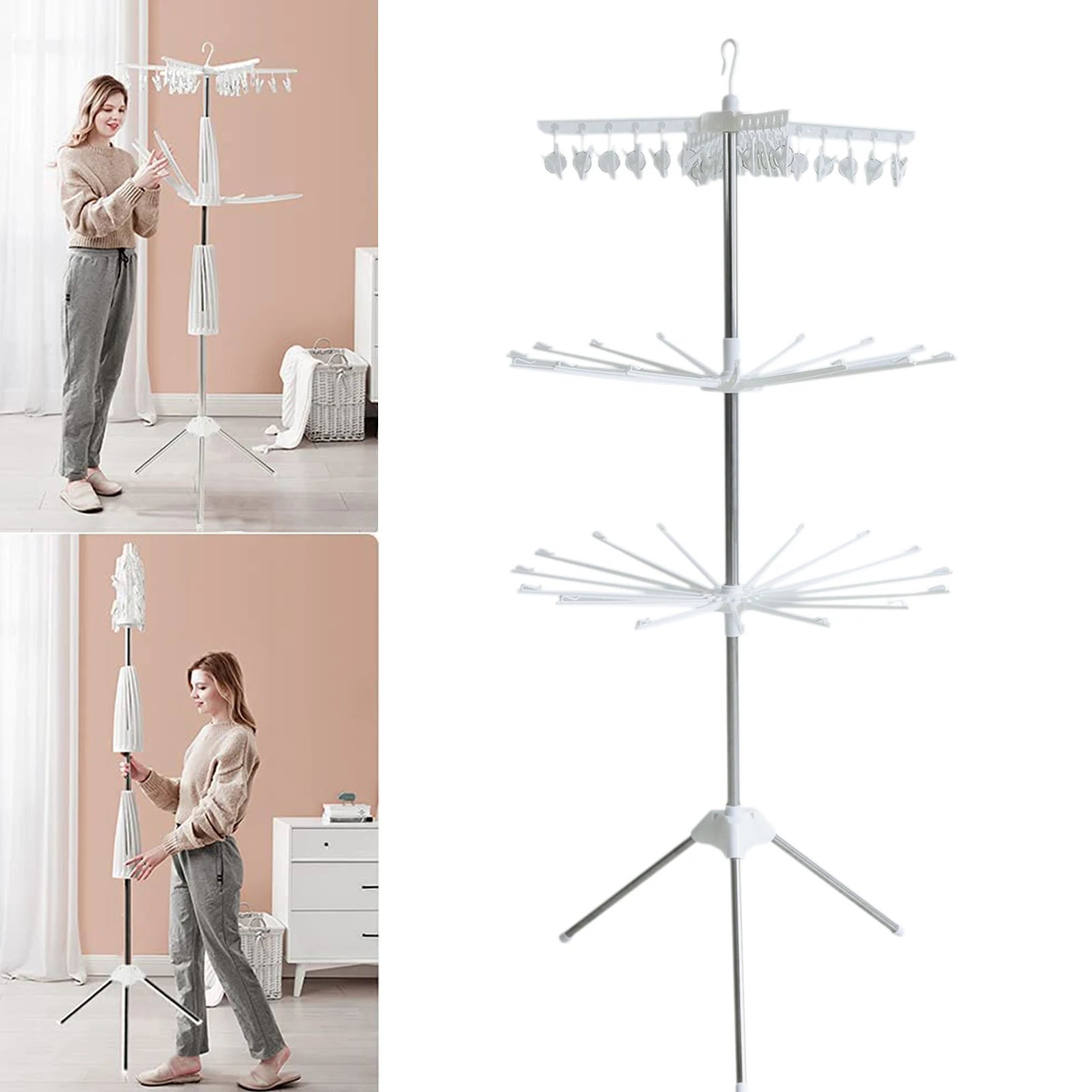 Etendoir linge interieur Étendoir à linge intérieur trépied en acier inoxydable,support pliable avec socle,3 niveaux etendoir linge interieur - 5