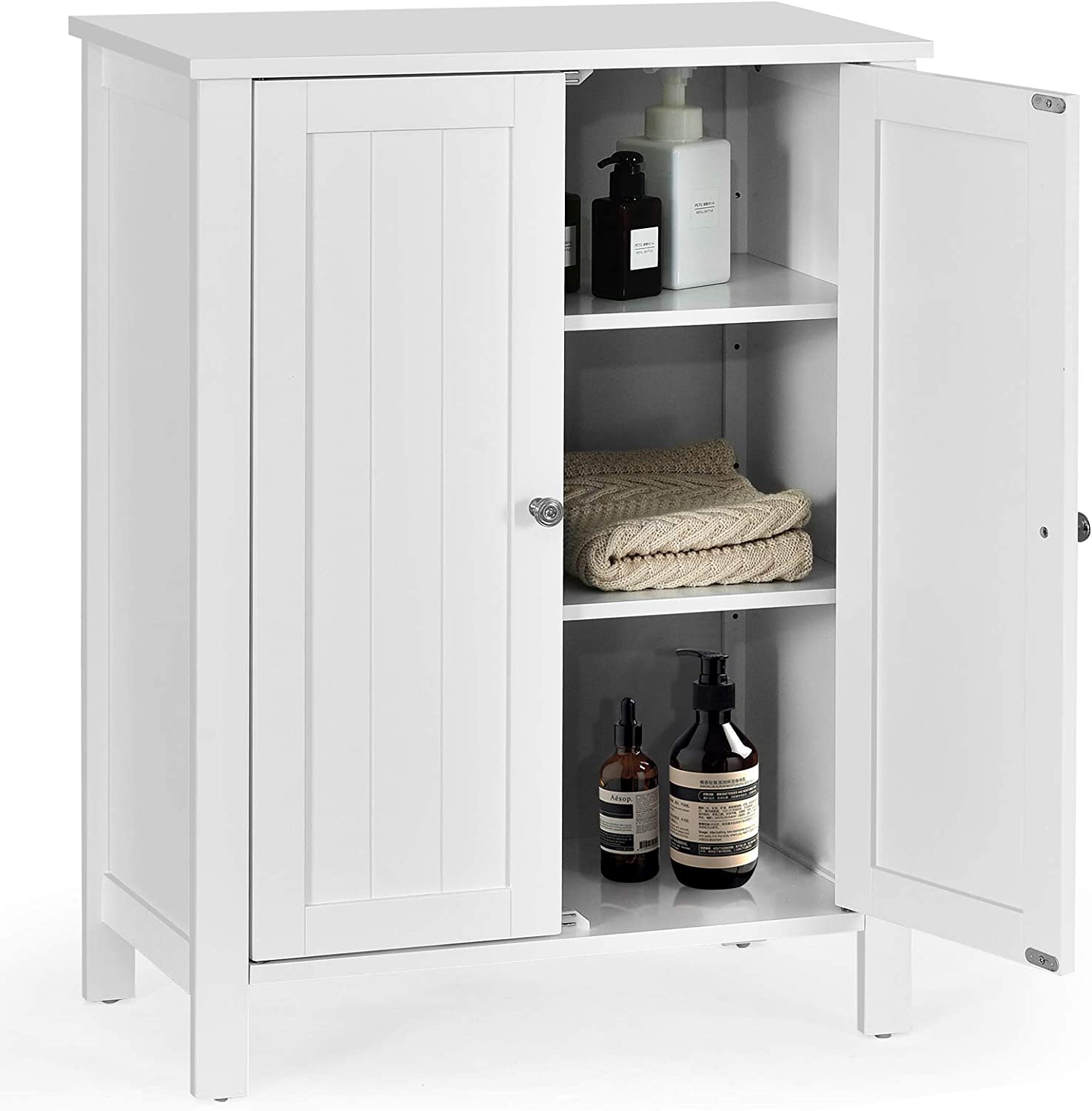 Szafka łazienkowa, komoda z podwójnymi drzwiami i regulowaną półką, drewniana szafka do przechowywania, 60 x 30 x 80,5 cm (biała)
