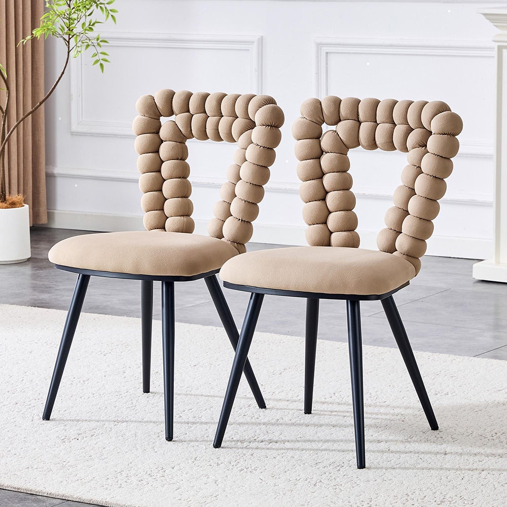 Krzesła do jadalni z aksamitu (zestaw 2 szt.) – oparcie z trójkątnym wycięciem, nogi z metalu pomalowanego na czarno, kolor camel