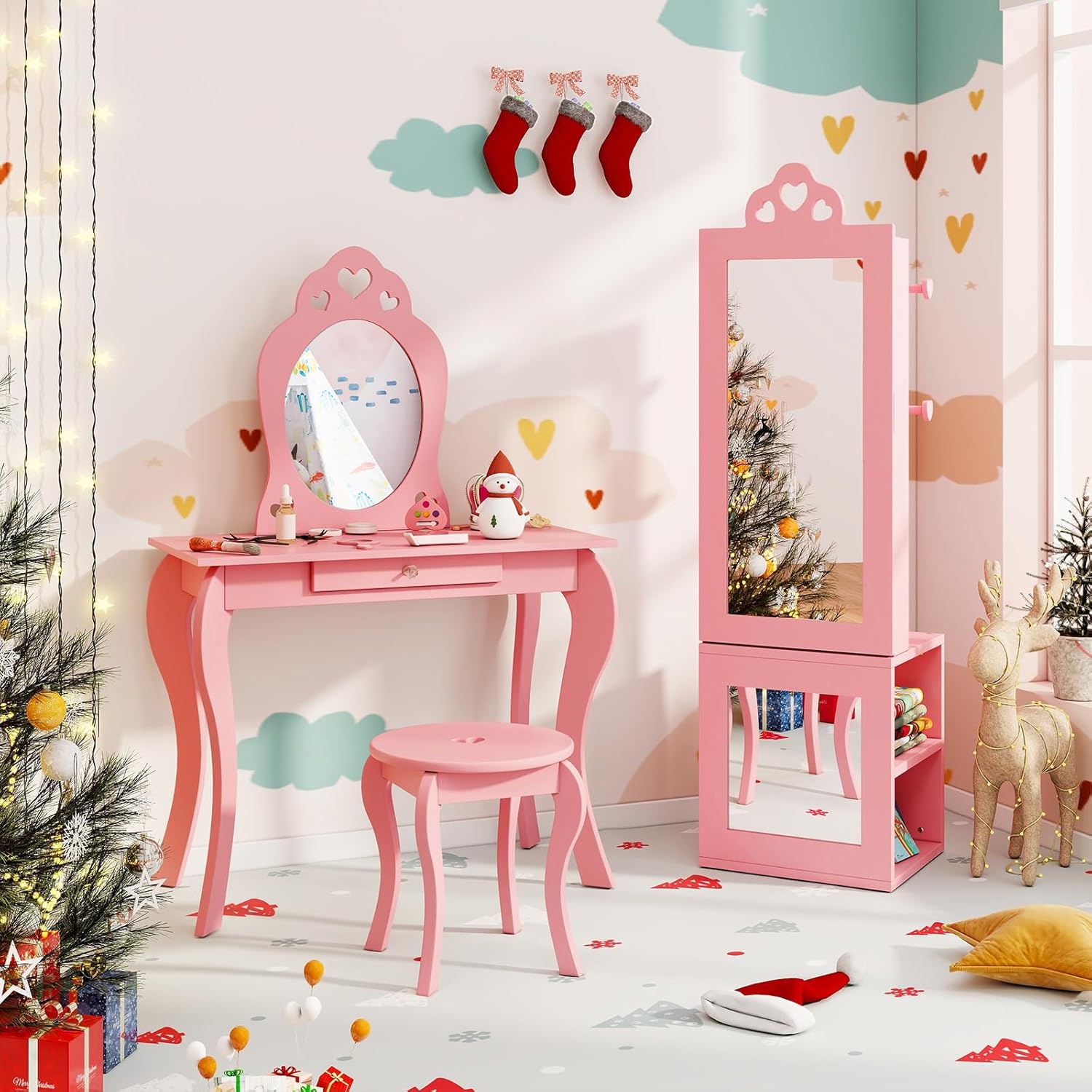 Armoire à Bijoux Enfant, 3 en 1 Armoire de Bijoux sur Pied avec Miroir Pleine Longueur, Porte-vêtements, Kit Anti-basculement, Motif Cœur (Rose) - 7