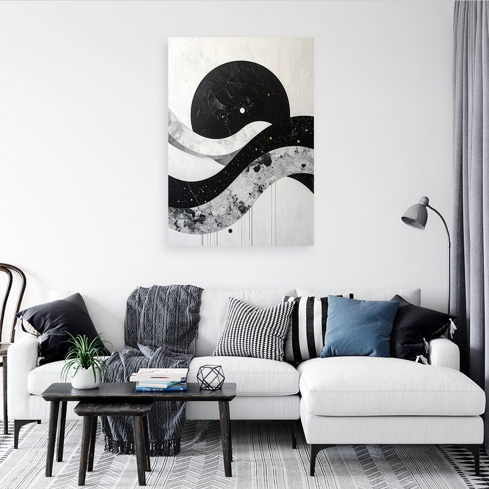 Obraz do salonu biura sypialni spa, Abstrakcja Czarno Biała Koło i Fale 60x90 - 2