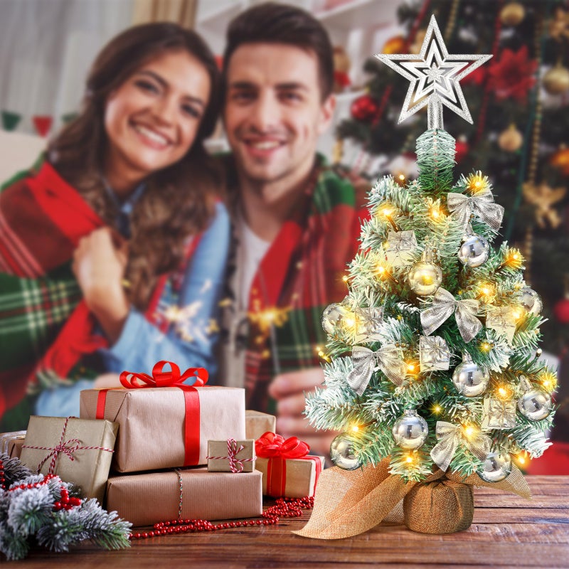 40 cm choinka stołowa, miniaturowe sztuczne choinki ze światłem, czubkiem i ozdobami choinkowymi, ozdoby świąteczne, srebro - 5