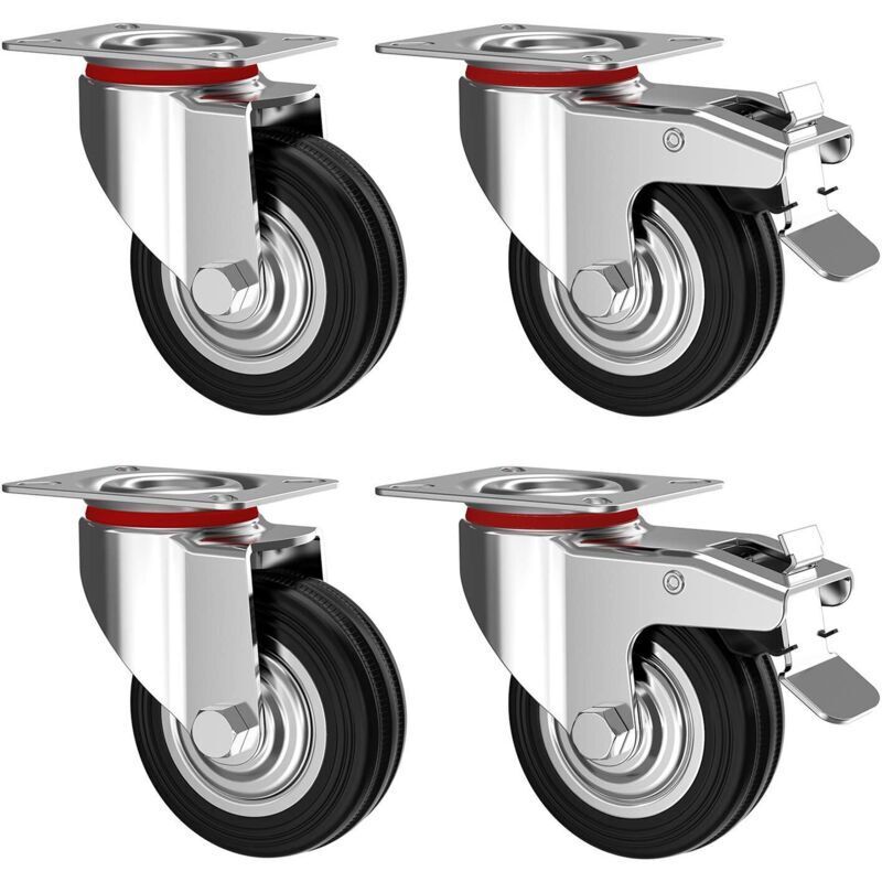 Set de 4 roți pivotante de 75 mm cu frâne - Roți pentru mobilă de până la 50 kg pe roată - Rezistente - Roți din cauciuc pentru interior și exterior
