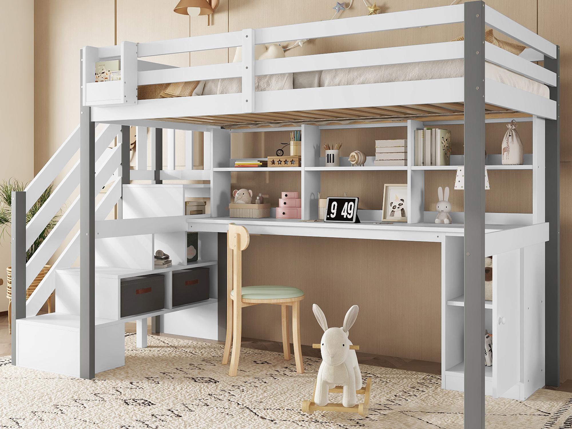 Łóżko piętrowe 90x200 cm - z biurkiem i półkami - 4-stopniowa drabinka bezpieczeństwa - Drewno lite + MDF - Biały + Szary
