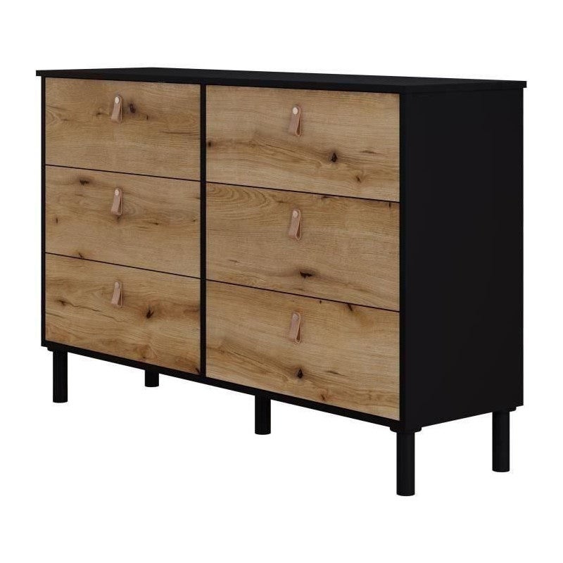 Commode SAMANTHE 6 tiroirs - Décor noir et chene - L 140 x P 40 x H 90 ...