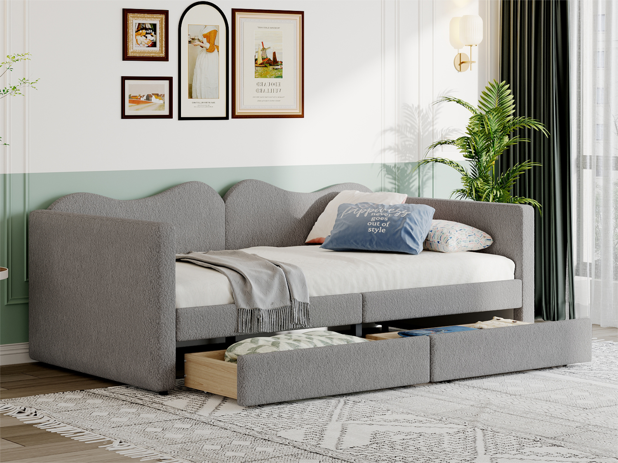 Lit simple banquette 90x200cm avec 2 tiroirs - en velours tiddy - Gris ...