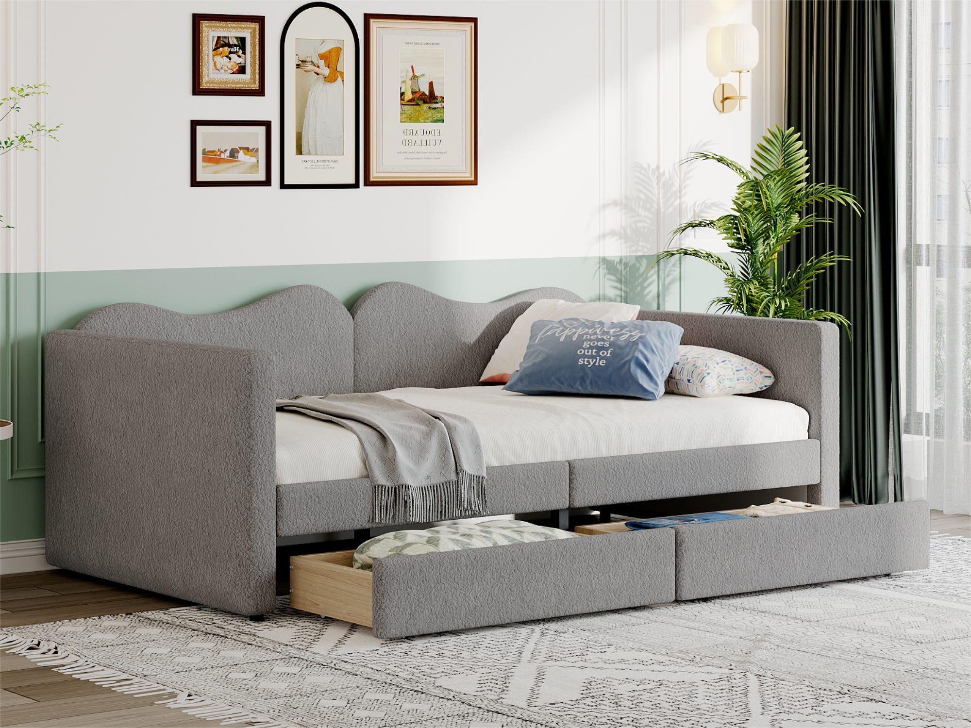 Lit simple banquette 90x200cm avec 2 tiroirs - en velours tiddy - Gris ...