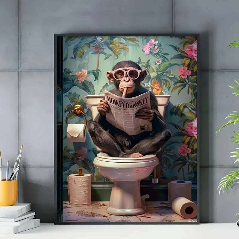 Peinture Sur Toile Représentant Un Singe Humoristique Sur Les Toilettes, Lisant Un Journal, Format A1 30X40Cm Sans Cadre - 2