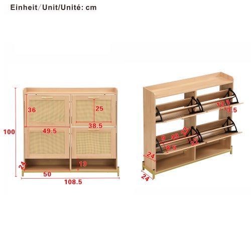 Élégant meuble à chaussures en bois avec portes en rotin – 4 portes, structure métal, étagère supérieure, rangement organisé. - 3