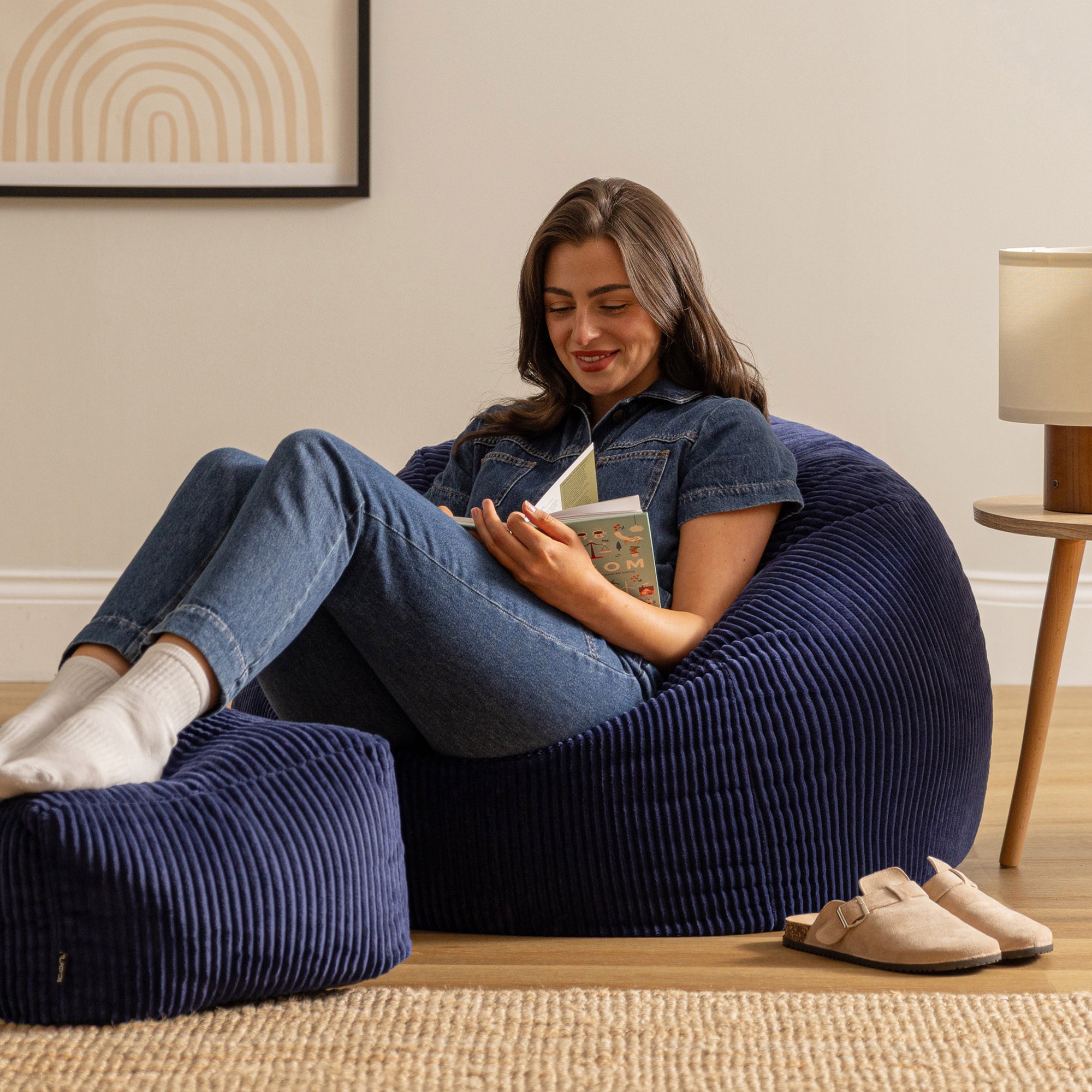 Pouf fauteuil Icon velours côtelé bleu marine, salon, chambre, 85x85cm, Made in Allemagne, Oeko-Tex® - 9