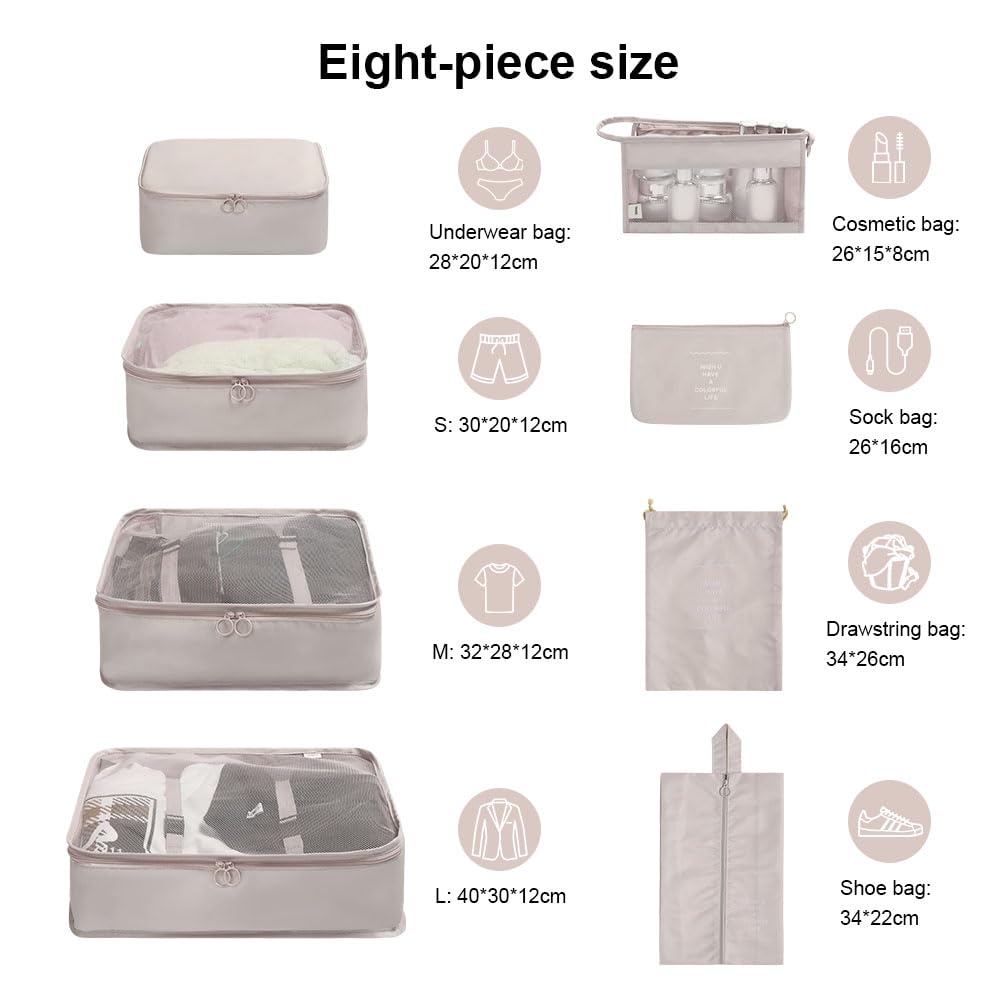Set 10 Pezzi Organizer Valigia Salvaspazio - Packing Cubes Per Viaggi - Beige, Impermeabile