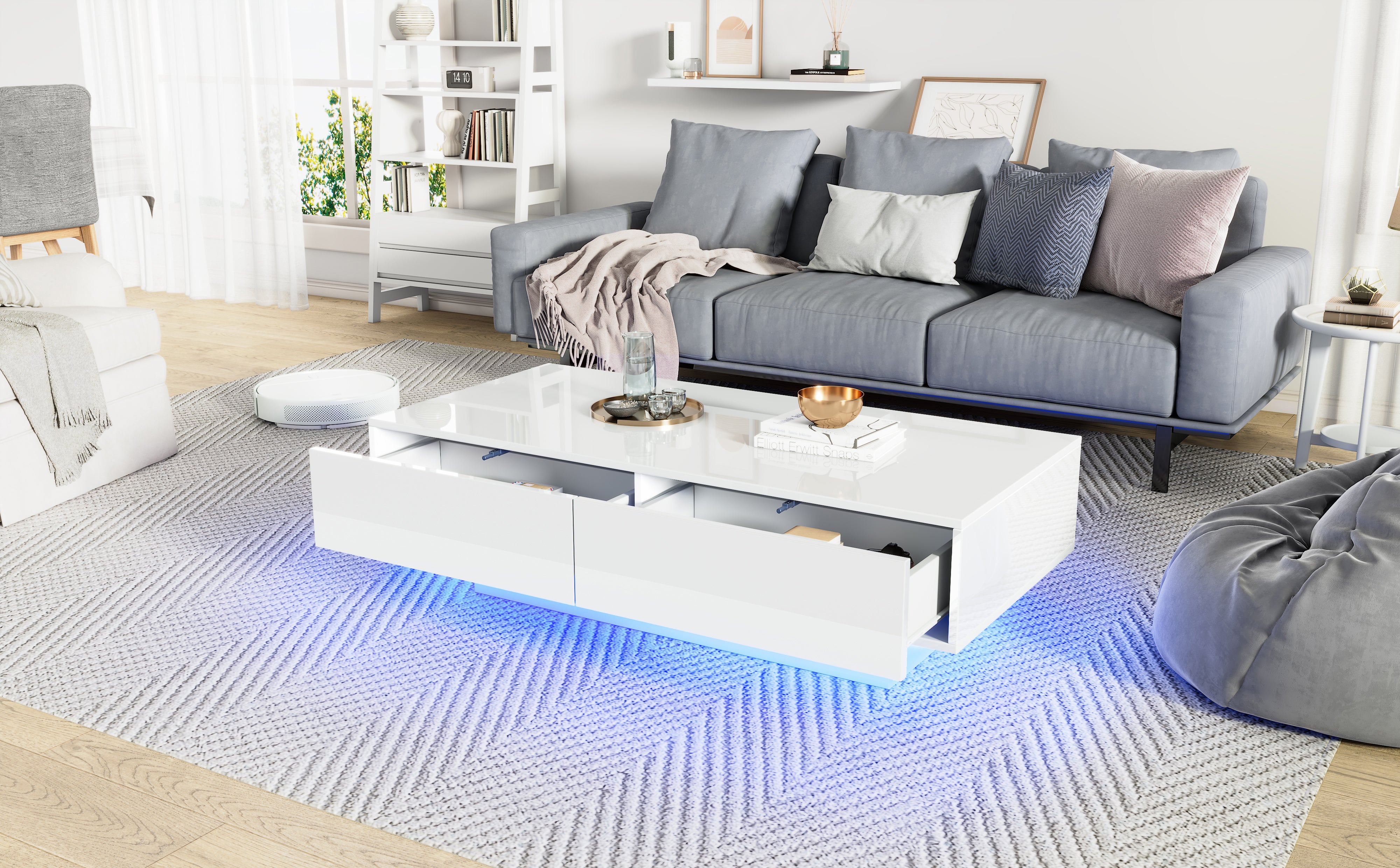 Table basse moderne laquée blanche brillante, 115 x 55 x 34 cm, avec 2 tiroirs, éclairage LED– Élégante table de salon - 4