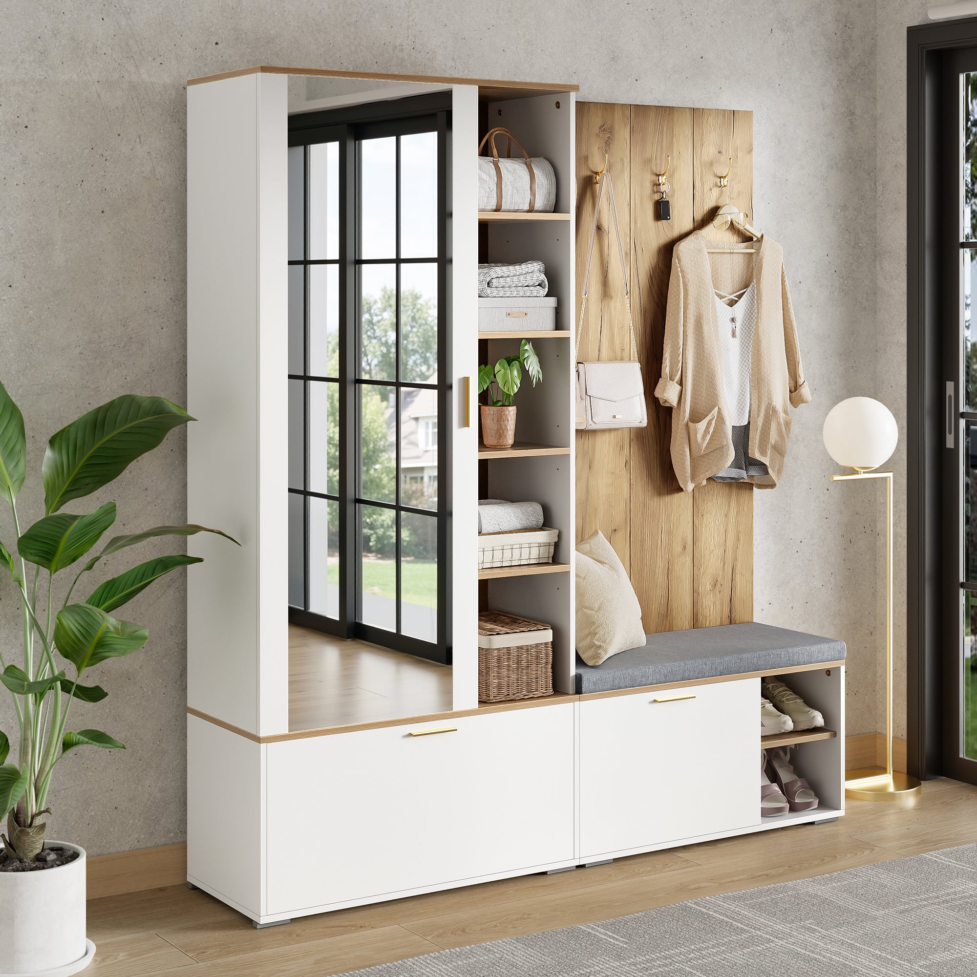 Ensemble meuble à chaussures avec banc, miroir, 4 crochets, porte-manteau et 3 portes - 160 x 38 x 180 cm - Panneau de particules - Naturel + blanc - 4