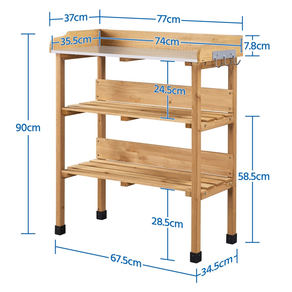 Table de Rempotage Extérieure en Bois avec Étagère de Rangement et 3 Crochets Latérales, Couleur Bois Yaheetech - 4