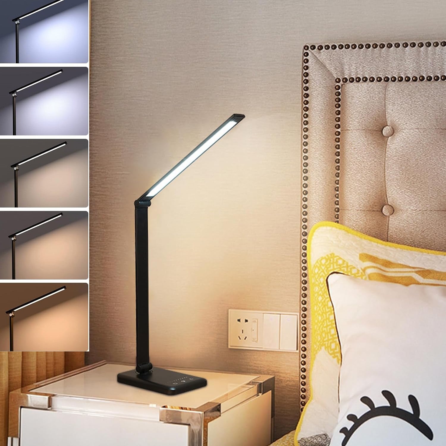 Bezprzewodowa lampa biurkowa, lampa stołowa LED, lampa do czytania, 5 temperatur barwowych i 5 poziomów jasności, do sypialni (czarna)