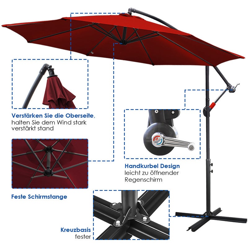 Parapluie 3m Parasol alu pivotant Parasol jardin terrasse balcon rouge - 3