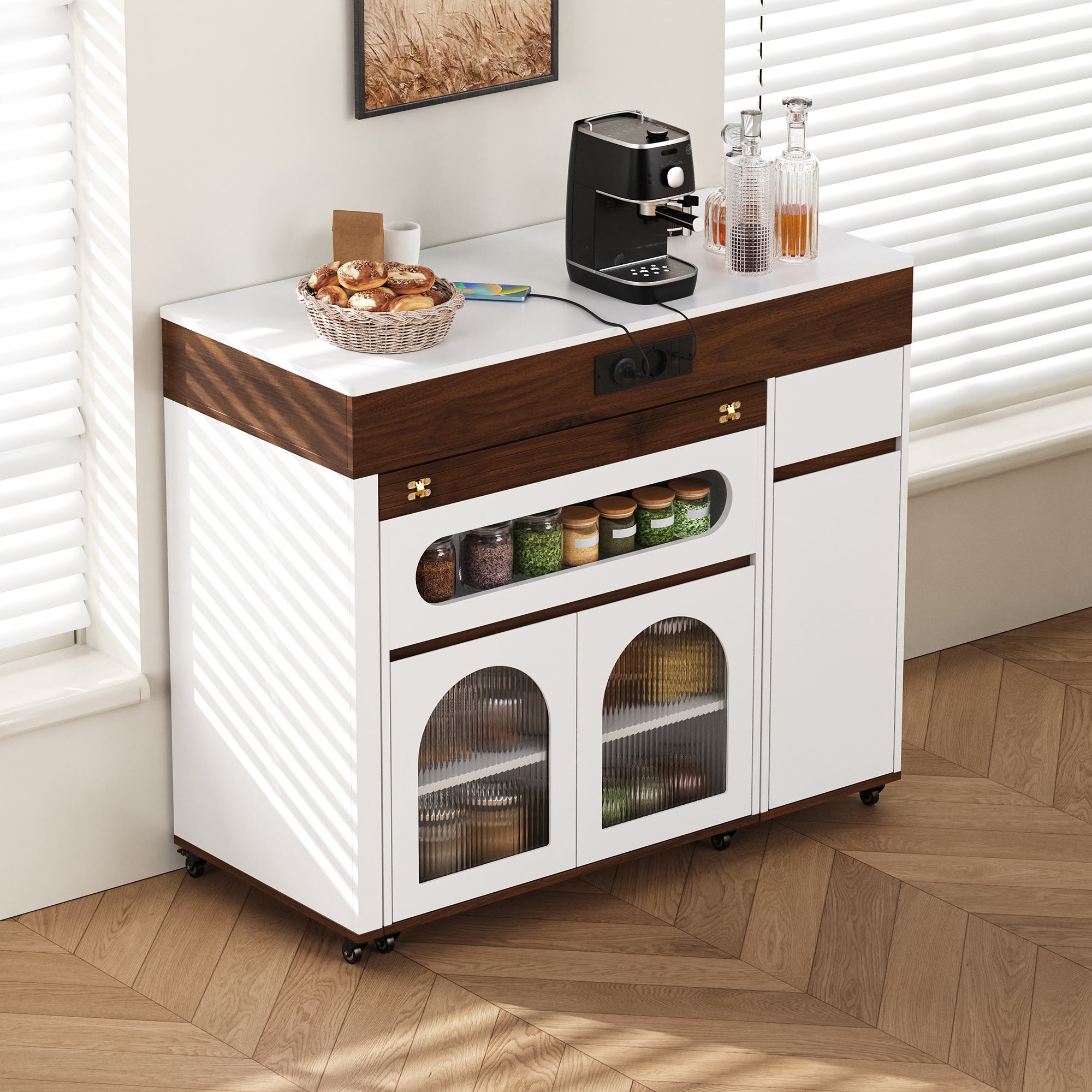 Îlot de cuisine mobile avec porte vitrée,Table de salle à manger extensible avec prise électrique et 1 tiroir,Blanc+Noyer,50.5-187.5×110.5×95.5cm - 2