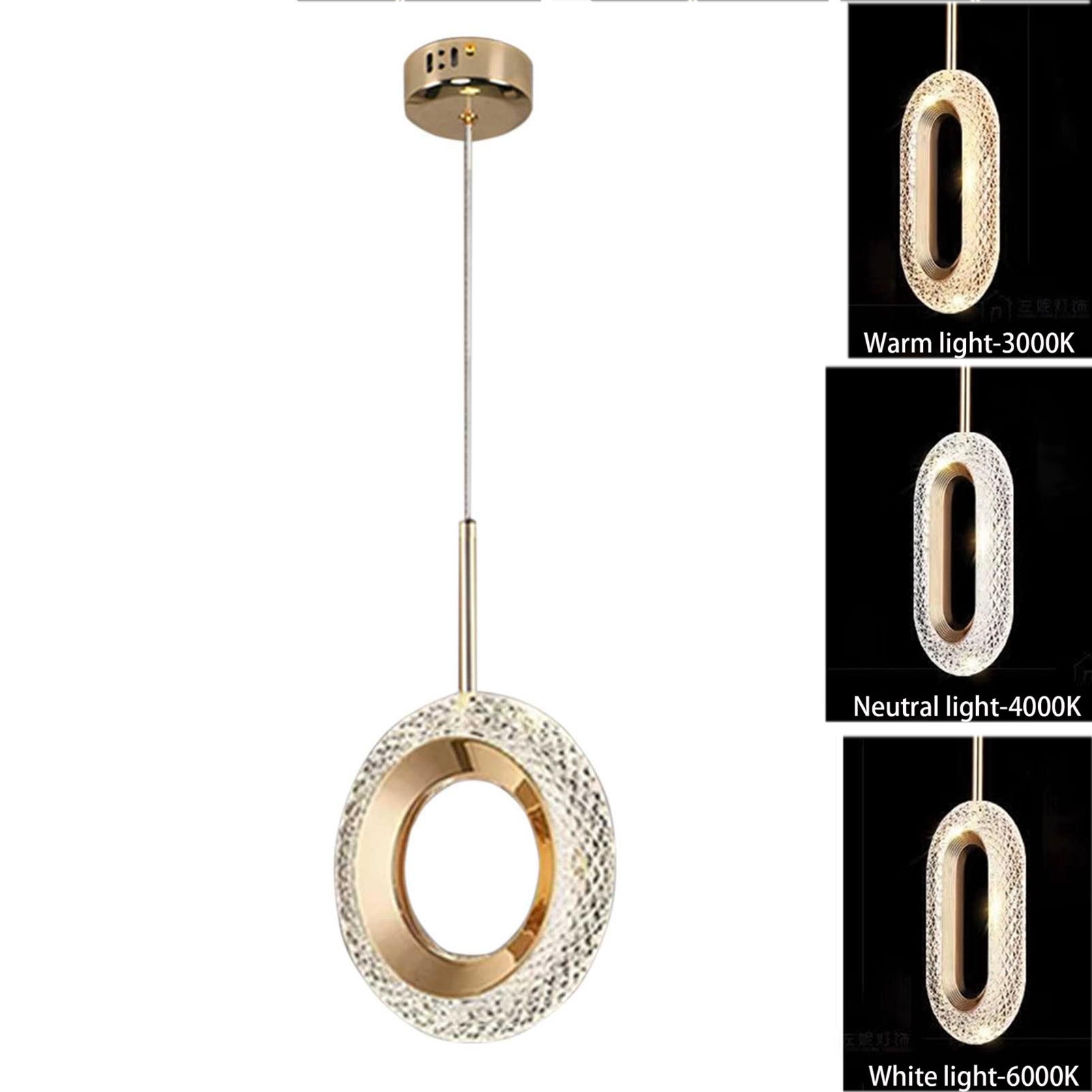 1 nowoczesna lampa wisząca LED, 3 kolory regulowane, złota, okrągła, kryształowa, idealna do sypialni, salonu lub kuchni