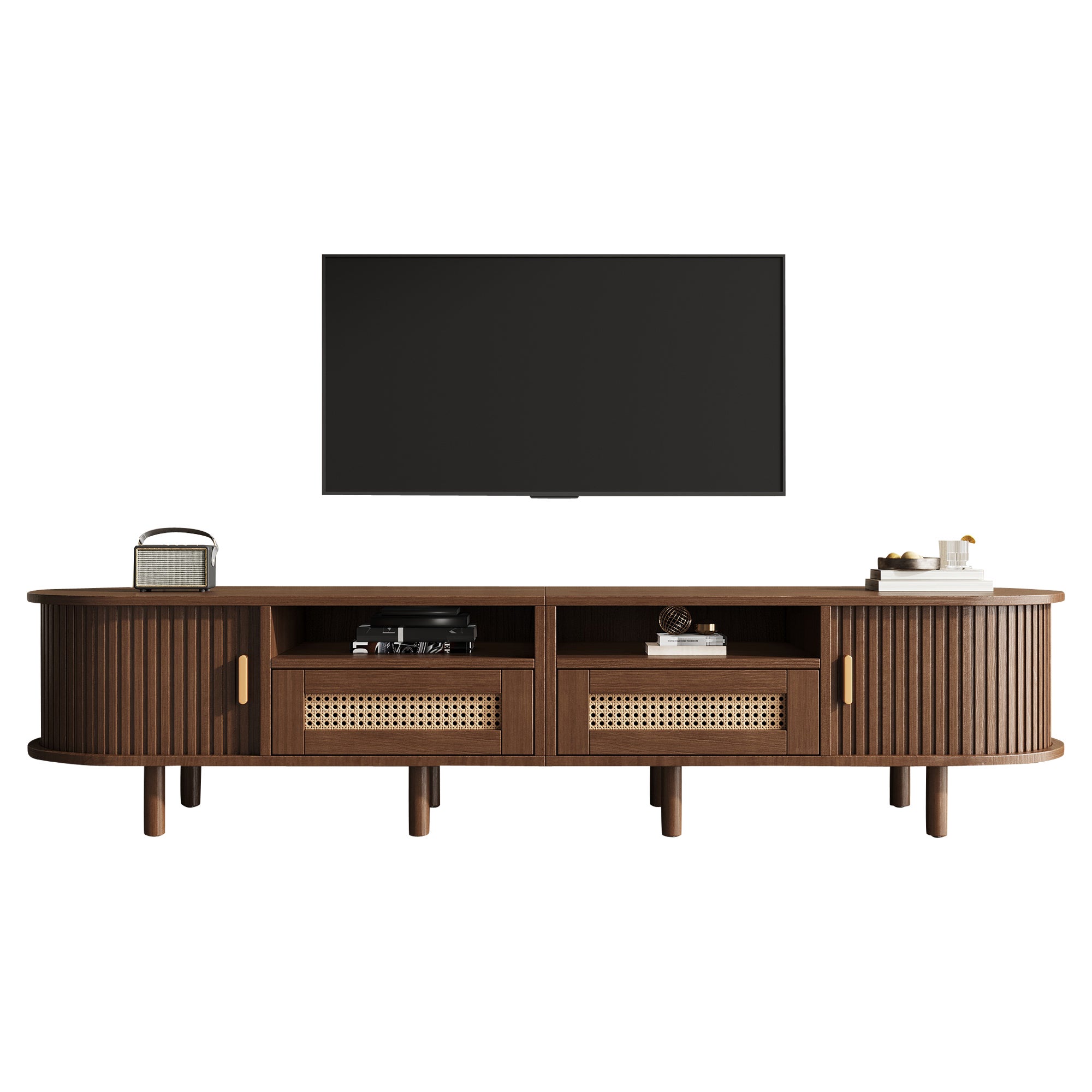 Stolik pod TV 170x40x40cm - z 2 szufladami rattanowymi - 2 drzwiami przesuwnymi - MDF - brązowy - 7