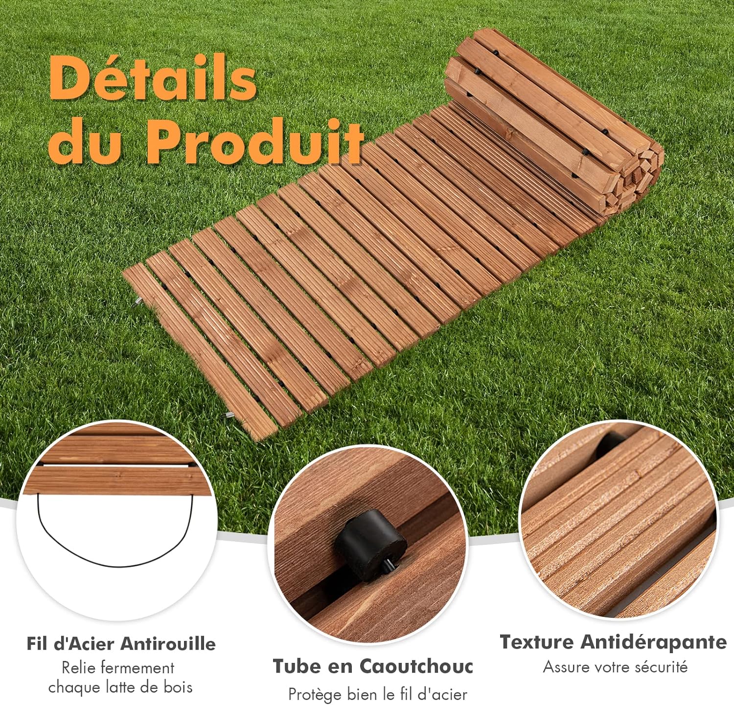 Allée de Jardin en Bois de 245 cm, Allée Droite Extérieure Résistante aux Intempéries avec Fil d'Acier et Texture Antidérapante, 245 x 43 cm - 2