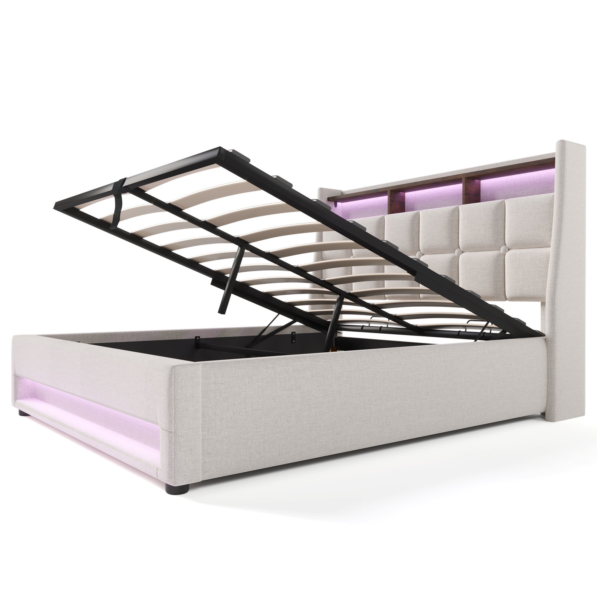 Cama con almacenaje de lino 160x200 cm con LED y puertos USB - somier - beige - 5