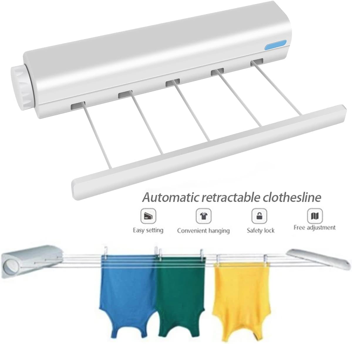 2 PCS Corde à linge rétractable, corde à linge portable murale extensible compacte, salcons ou terrasses usage intérieur ou extérieur,3.75 m(5 Fils) - 7