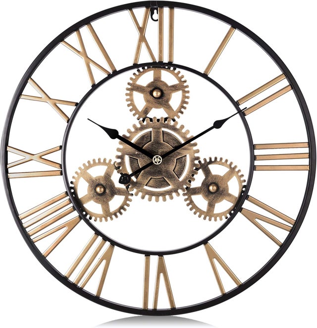 Reloj de pared dorado con engranajes industriales, colgante de pared de cuarzo de 50 cm, números romanos, silencioso, adecuado para sala de estar, b