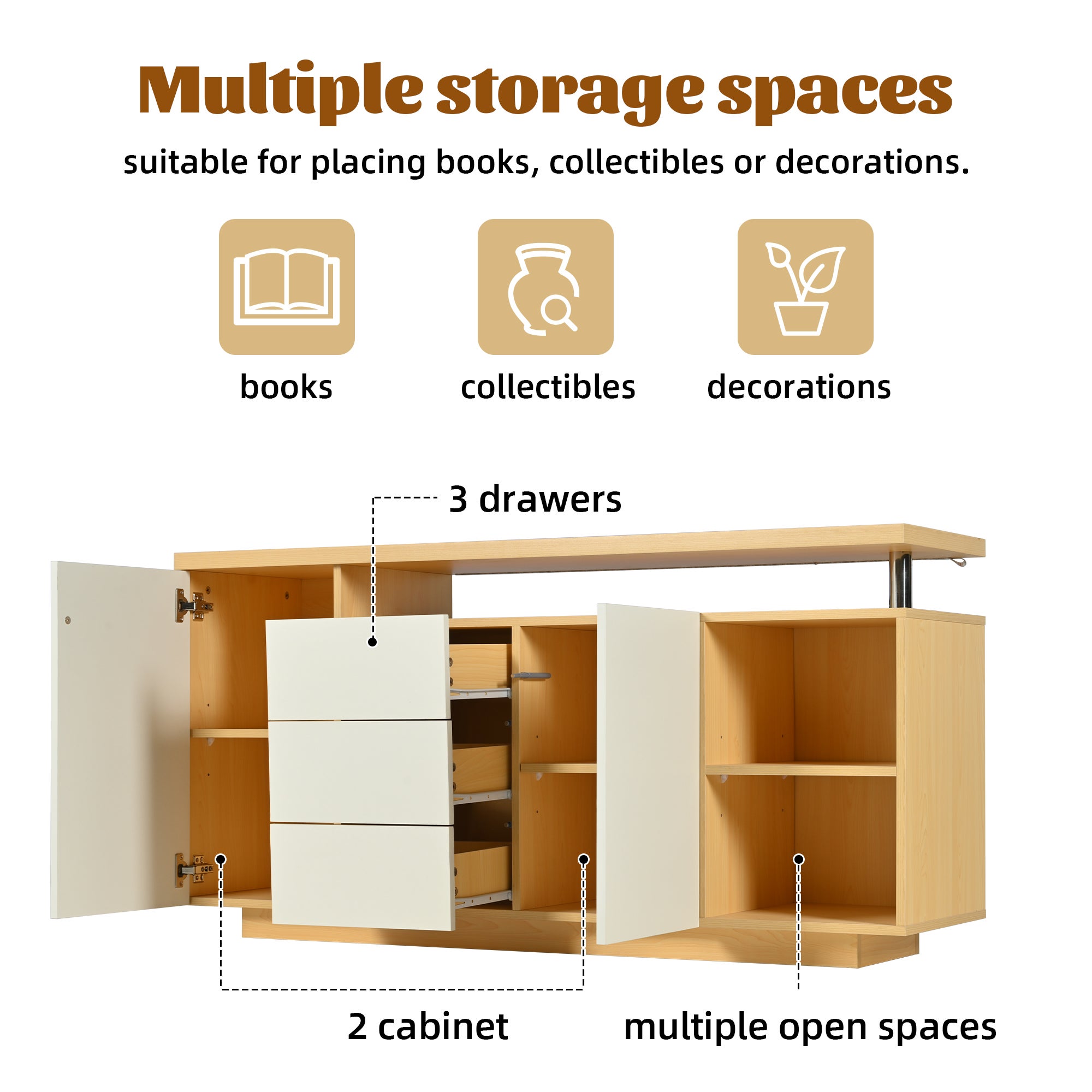 Credenza con illuminazione a LED - 2 ante, 3 cassetti, 2 nicchie - Naturale e Bianco - 9