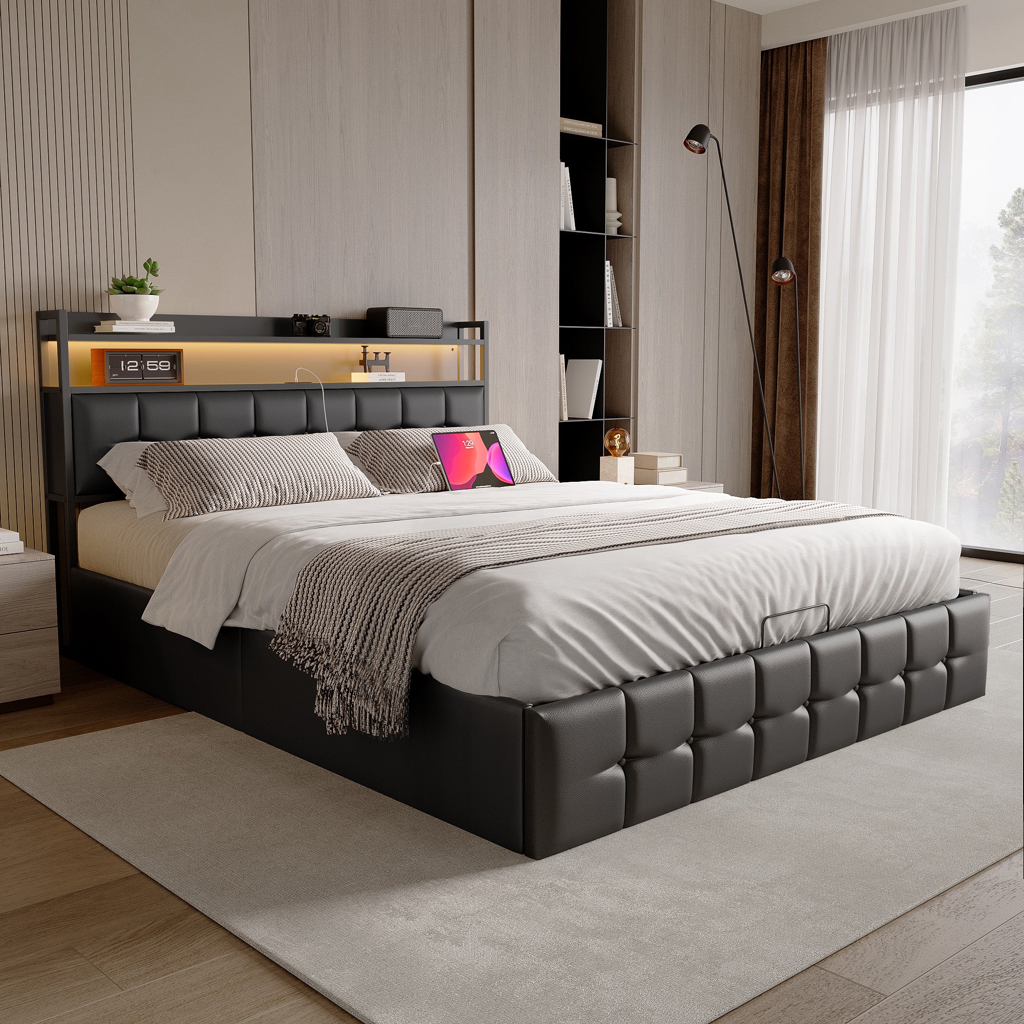 Lit coffre 160x200 cm avec sommier à lattes, lit double 160x200 cm avec LED, cadre de lit adulte avec port USB et Type C, tissu en PU, noir - 2